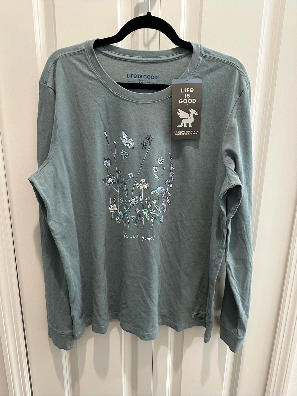 Life Is Good Sage Green Long-Sleeve Floral Graphic Tee 100% Cotton Size XL NWT